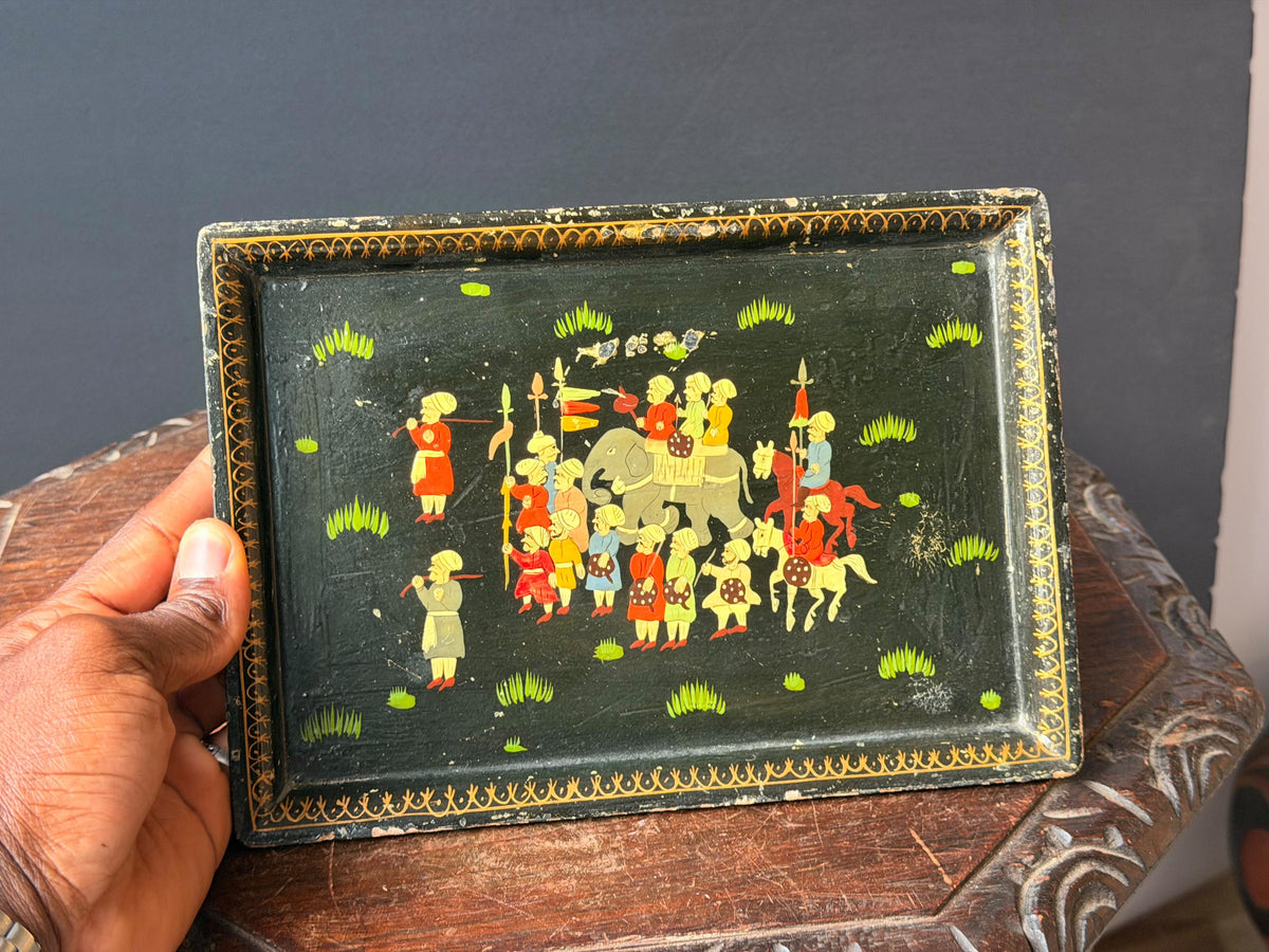 Vintage Hand Painted Lacquer Wood Box Equestrian Hunt Scene Keepsake 12x10