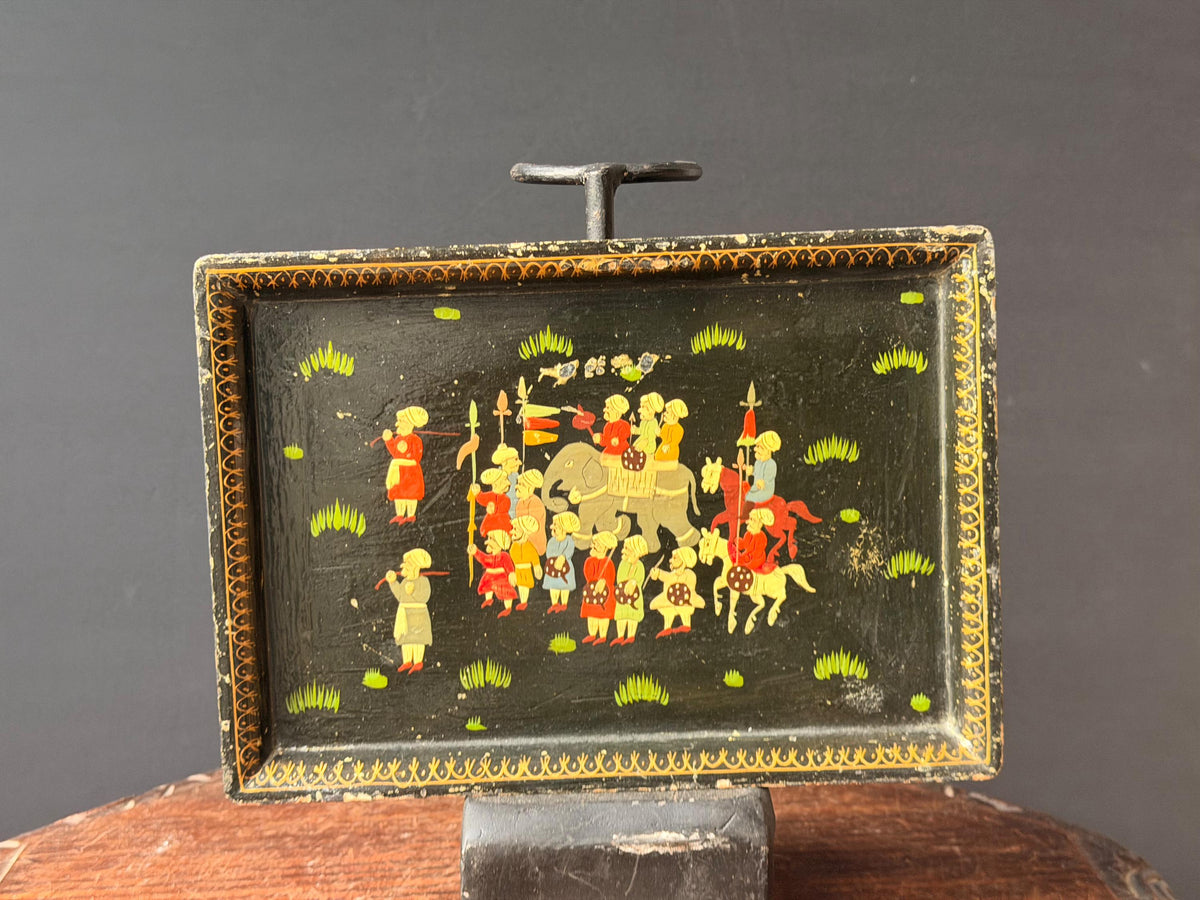 Vintage Hand Painted Lacquer Wood Box Equestrian Hunt Scene Keepsake 12x10