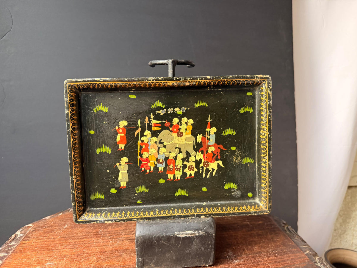 Vintage Hand Painted Lacquer Wood Box Equestrian Hunt Scene Keepsake 12x10