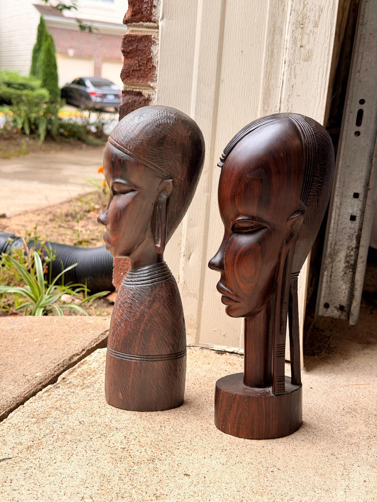 Vintage East African Hand Carved Hardwood Bust Pair Sculptures 12in