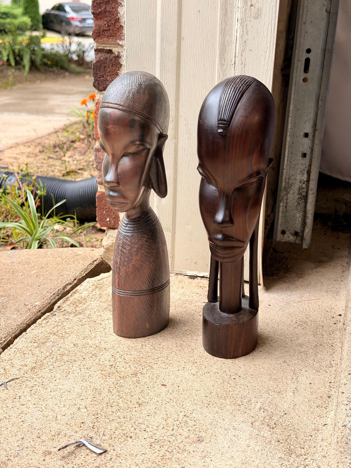 Vintage East African Hand Carved Hardwood Bust Pair Sculptures 12in