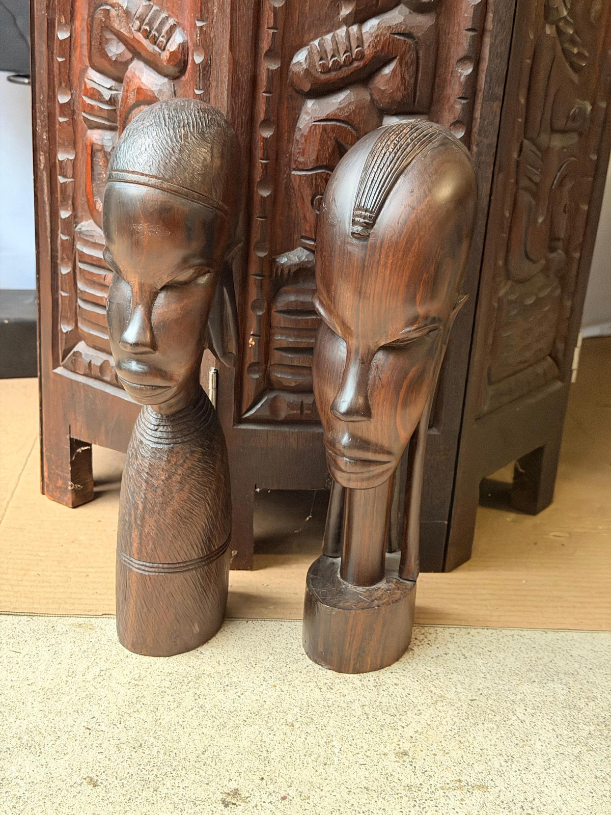 Vintage East African Hand Carved Hardwood Bust Pair Sculptures 12in
