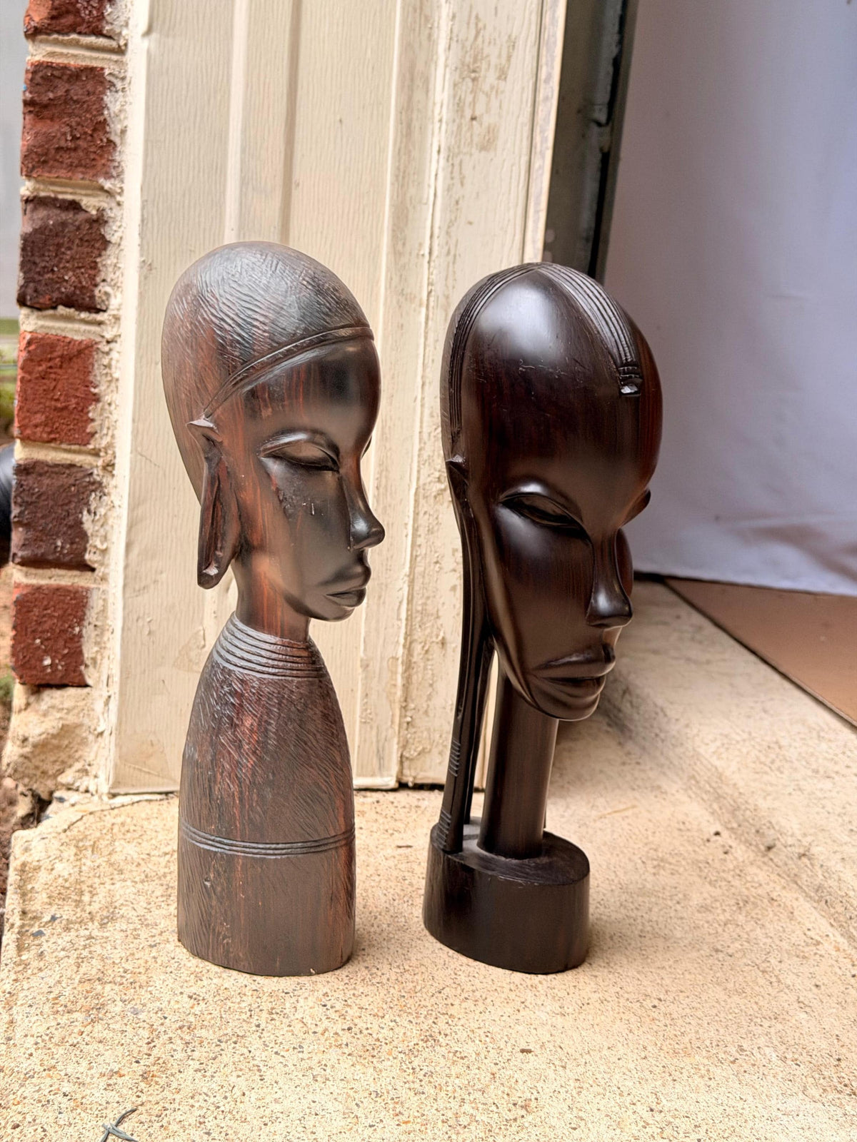 Vintage East African Hand Carved Hardwood Bust Pair Sculptures 12in