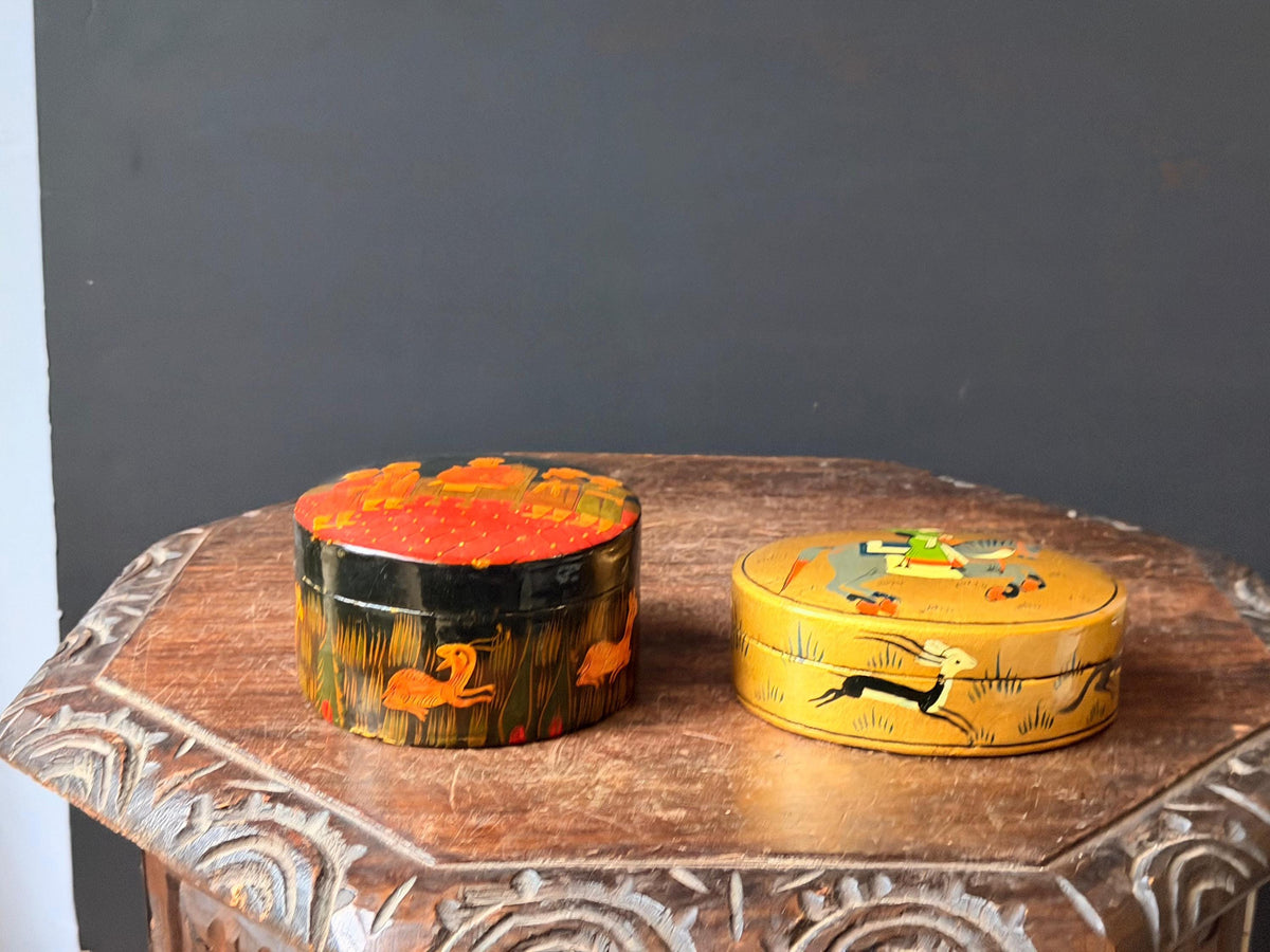 Vintage Hand Painted Wood Box Set Indian Royal Court Equestrian Folk Art