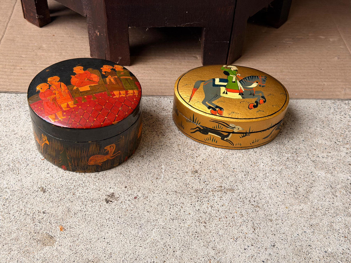 Vintage Hand Painted Wood Box Set Indian Royal Court Equestrian Folk Art