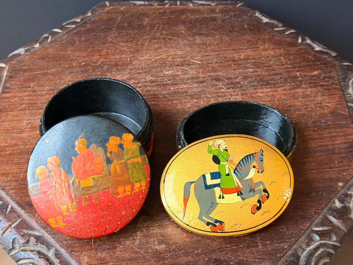 Vintage Hand Painted Wood Box Set Indian Royal Court Equestrian Folk Art