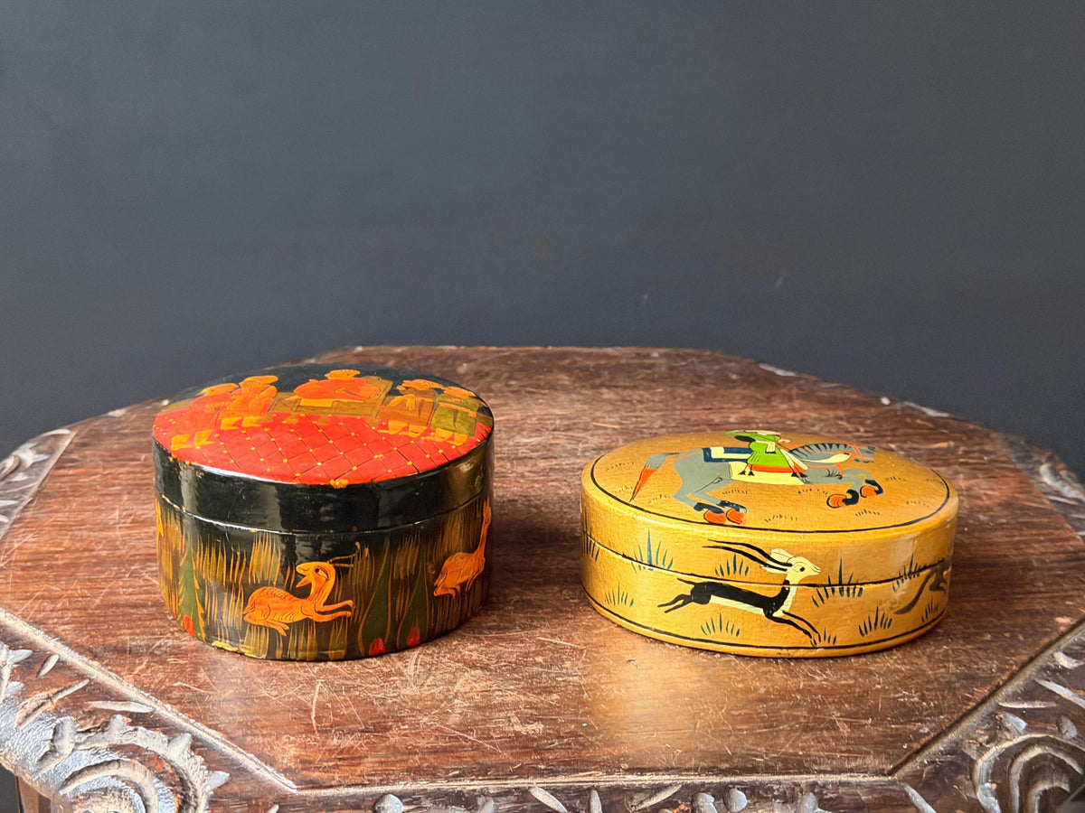 Vintage Hand Painted Wood Box Set Indian Royal Court Equestrian Folk Art
