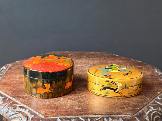 Vintage Hand Painted Wood Box Set Indian Royal Court Equestrian Folk Art