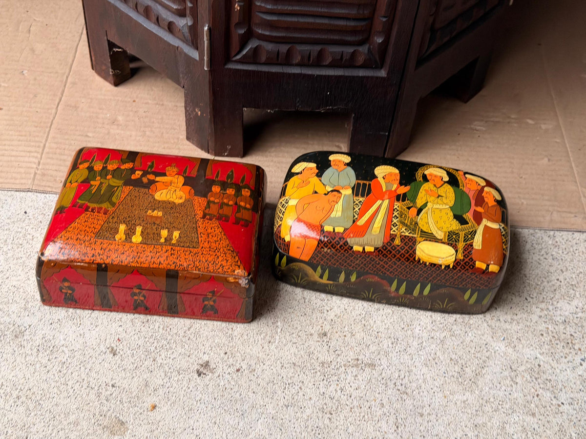 Vintage Hand Painted Lacquer Wood Box Set Indian Royal Darbar Folk Art