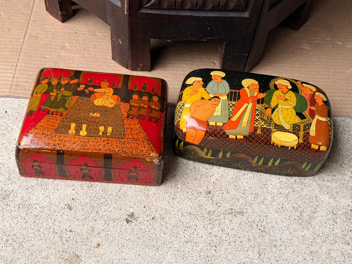 Vintage Hand Painted Lacquer Wood Box Set Indian Royal Darbar Folk Art