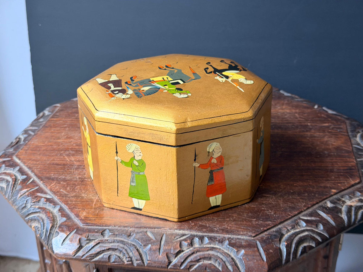 Vintage Hand Painted Gold Wood Box Octagonal Indian Equestrian Folk Art
