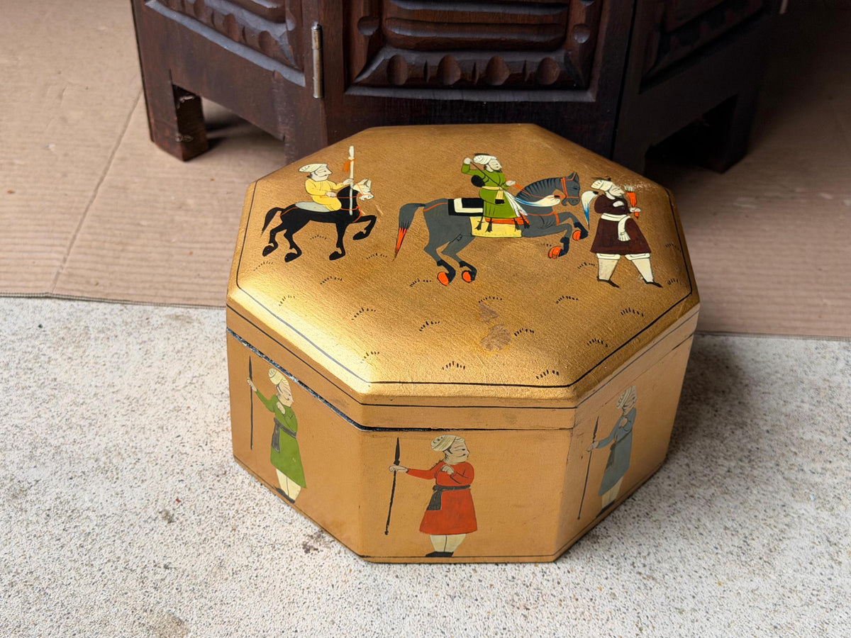 Vintage Hand Painted Gold Wood Box Octagonal Indian Equestrian Folk Art