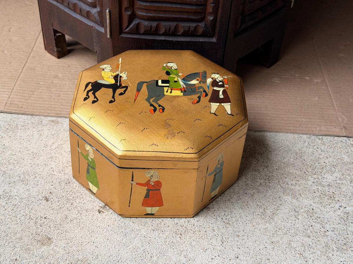 Vintage Hand Painted Gold Wood Box Octagonal Indian Equestrian Folk Art