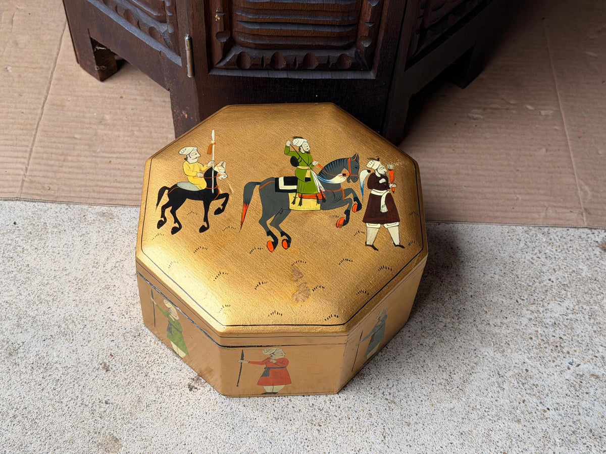 Vintage Hand Painted Gold Wood Box Octagonal Indian Equestrian Folk Art