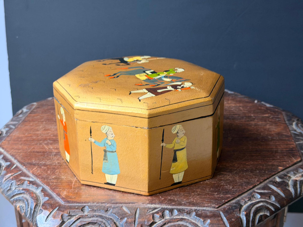 Vintage Hand Painted Gold Wood Box Octagonal Indian Equestrian Folk Art