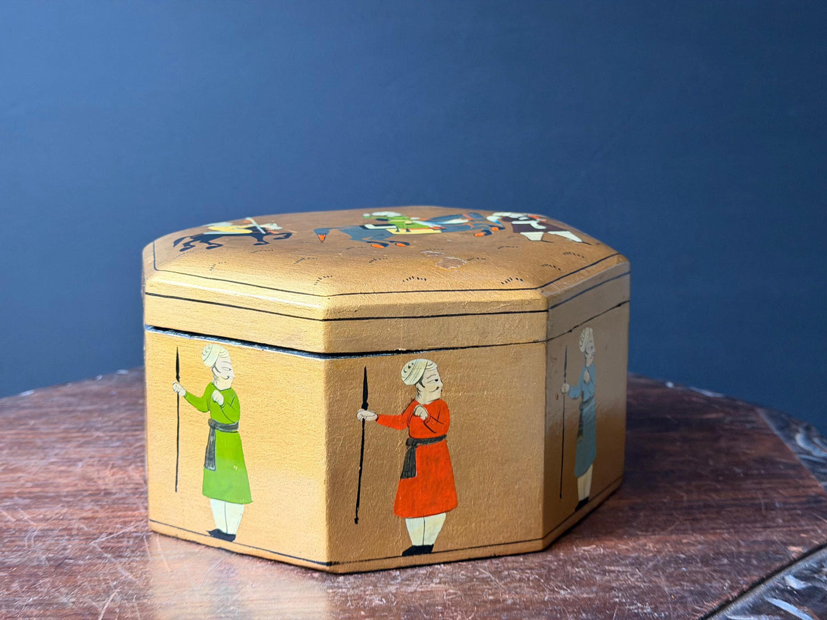 Vintage Hand Painted Gold Wood Box Octagonal Indian Equestrian Folk Art