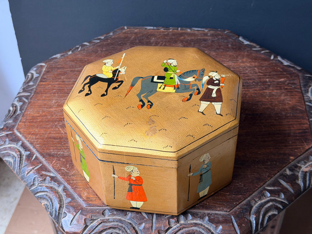 Vintage Hand Painted Gold Wood Box Octagonal Indian Equestrian Folk Art