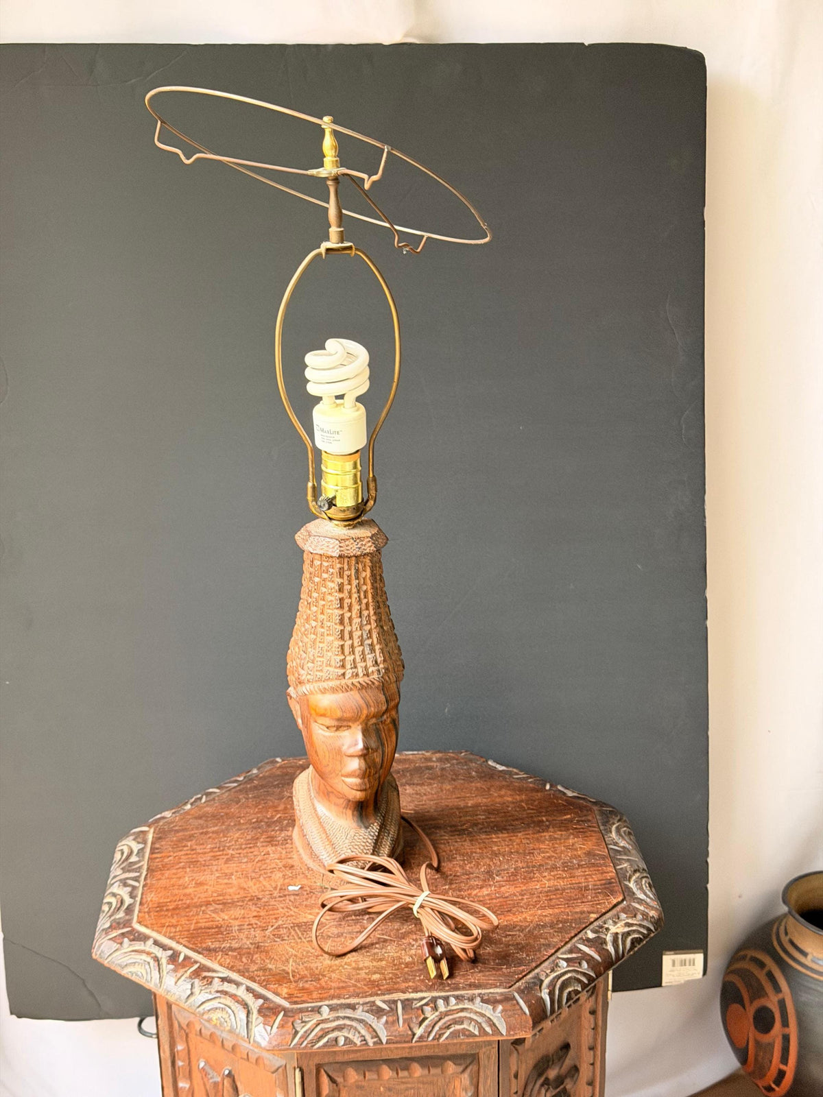 Vintage MCM Carved Hardwood Bust Table Lamp East African Sculptural Art 12.5"