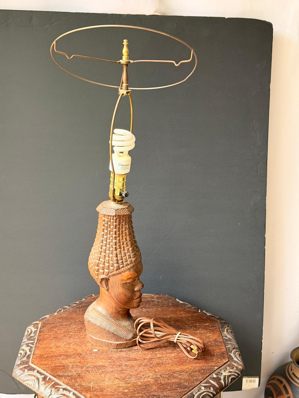 Vintage MCM Carved Hardwood Bust Table Lamp East African Sculptural Art 12.5"