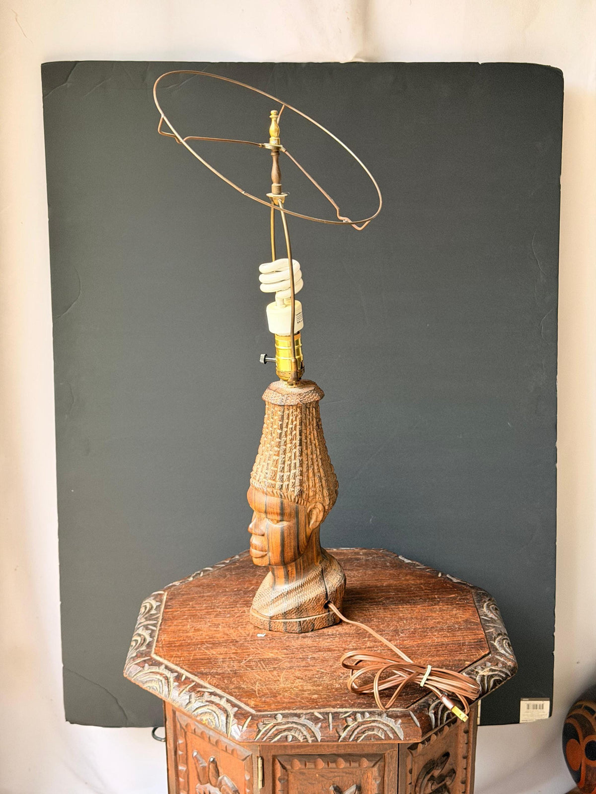 Vintage MCM Carved Hardwood Bust Table Lamp East African Sculptural Art 12.5"