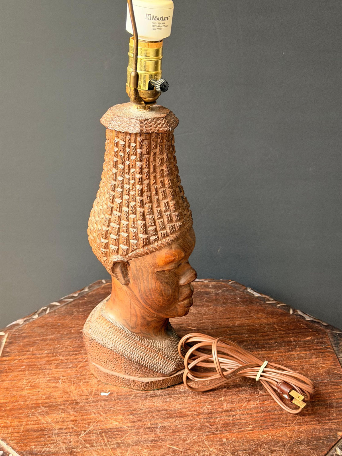 Vintage MCM Carved Hardwood Bust Table Lamp East African Sculptural Art 12.5"