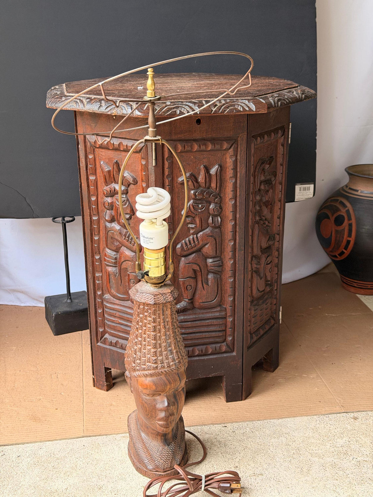 Vintage MCM Carved Hardwood Bust Table Lamp East African Sculptural Art 12.5"