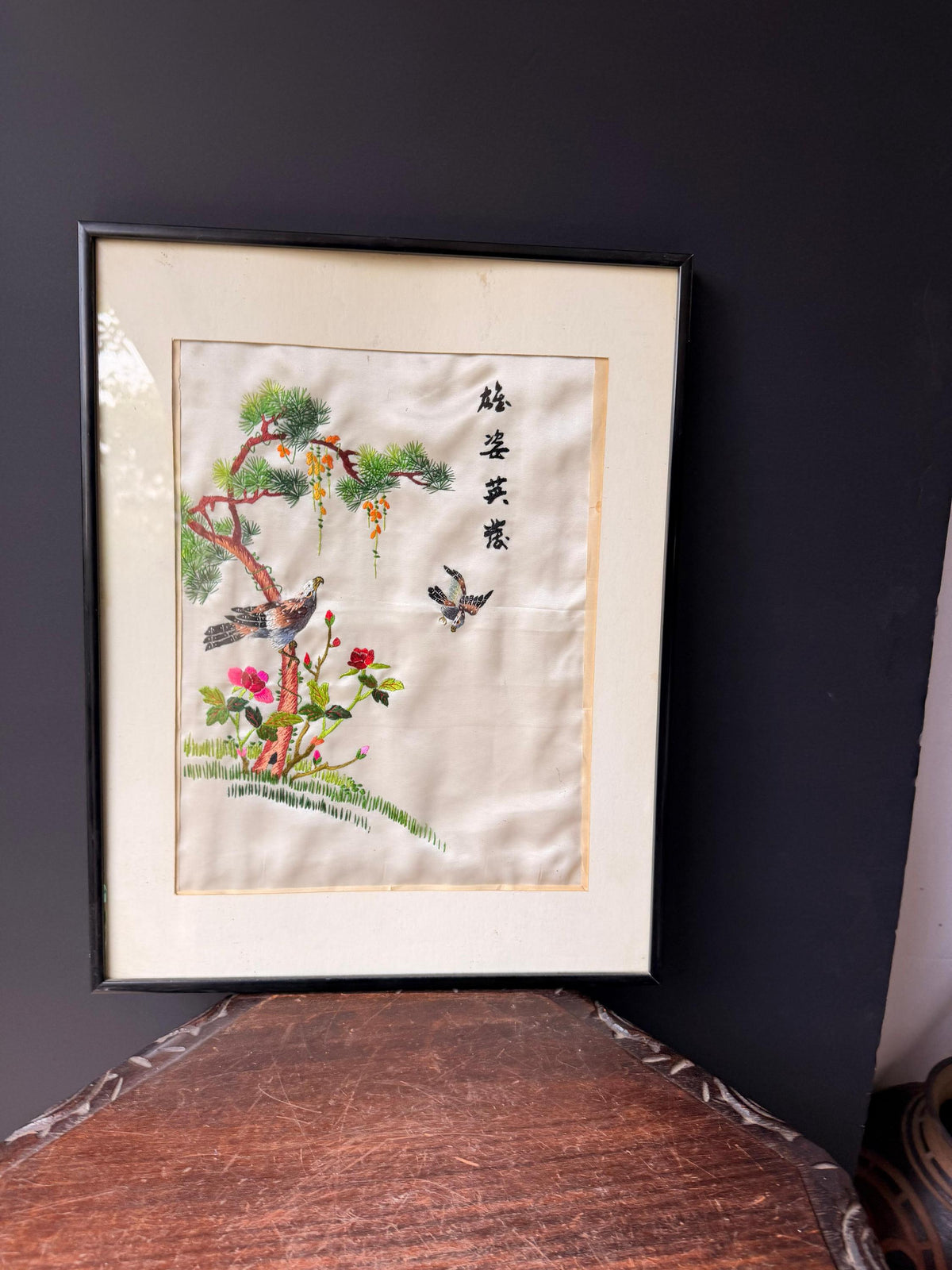 Vintage Asian Silk Embroidery Framed Art Eagle Pine Tree Needlework 18.5x14.5