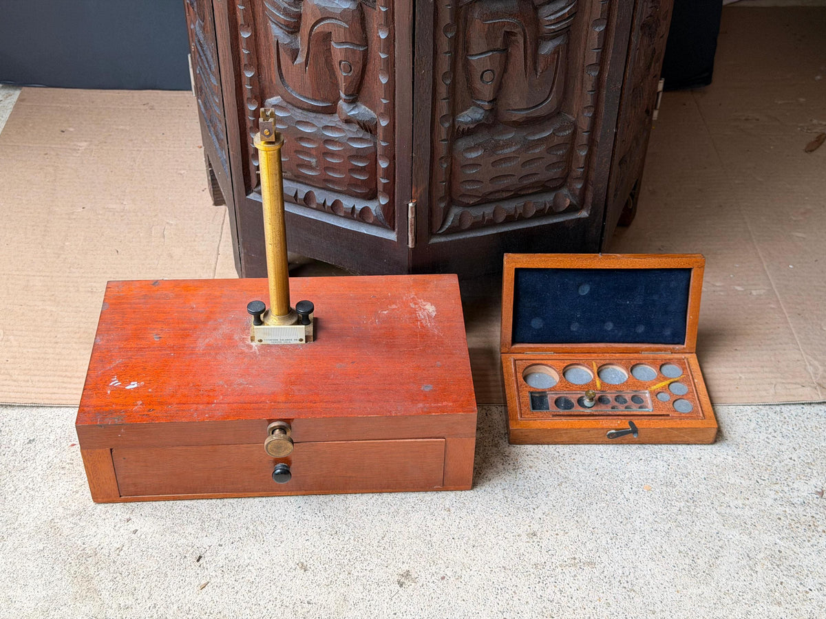 Antique Thompson Balance Co Denver Gold Assay Scale Base Wood Weight Case Set
