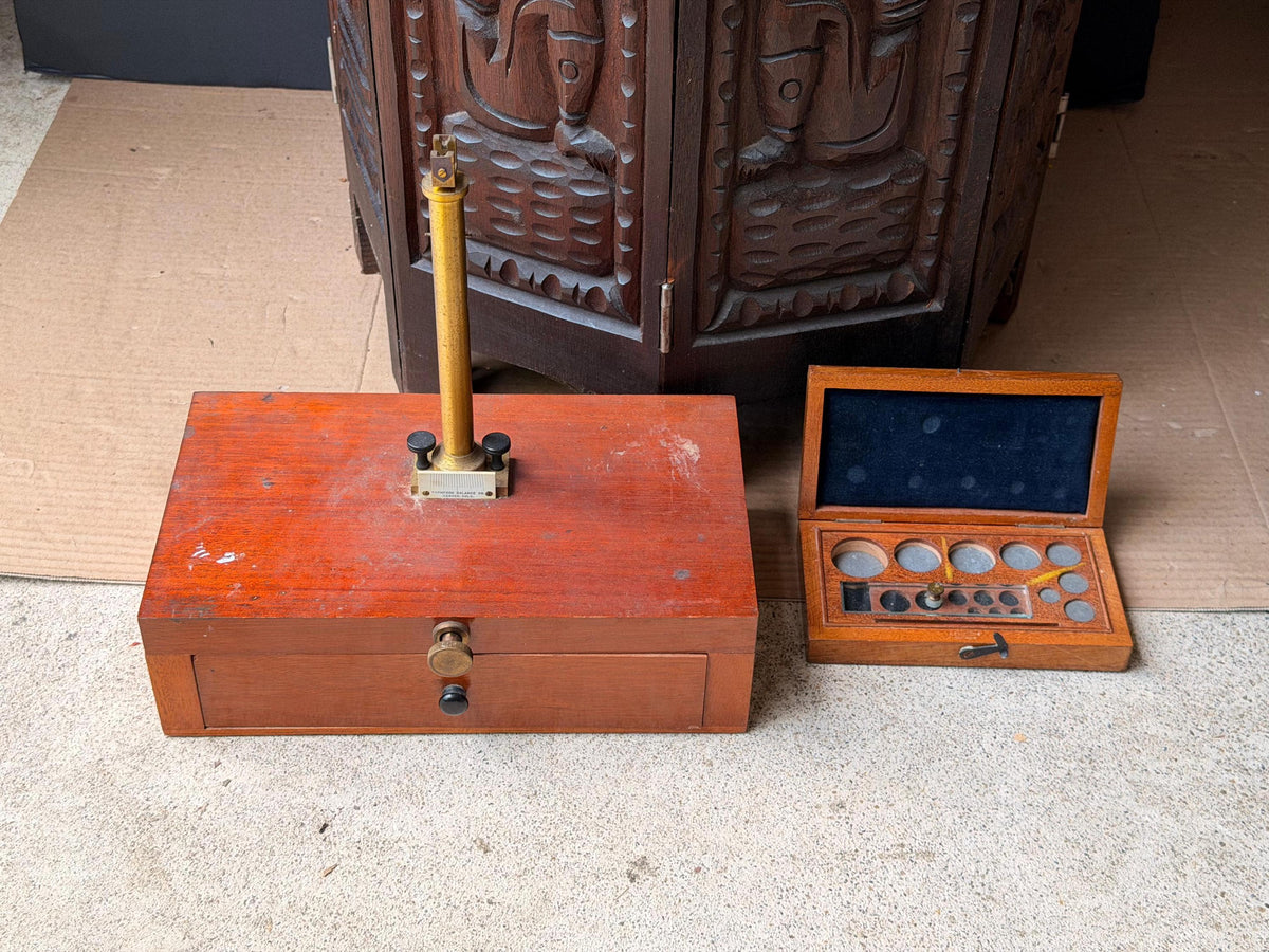 Antique Thompson Balance Co Denver Gold Assay Scale Base Wood Weight Case Set