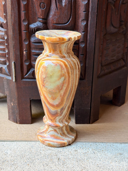 Vintage Banded Onyx Marble Stone Vase Carved Mineral Vessel Urn 8x3.5
