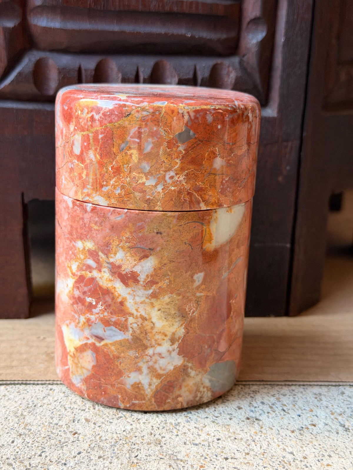 Vintage Red Brecciated Marble Lidded Jar Stone Trinket Vessel Box 4.5x3