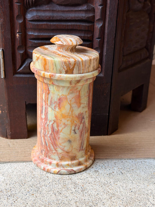 Vintage Banded Onyx Marble Lidded Jar Canister Stone Apothecary Vessel 6.8"