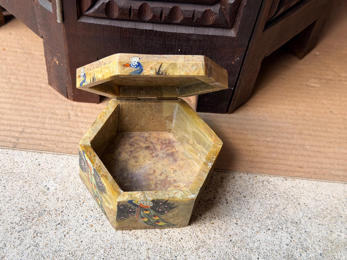 Vintage Soapstone Hexagon Trinket Box Hand Painted Peacock Keepsake Dish 4.6"