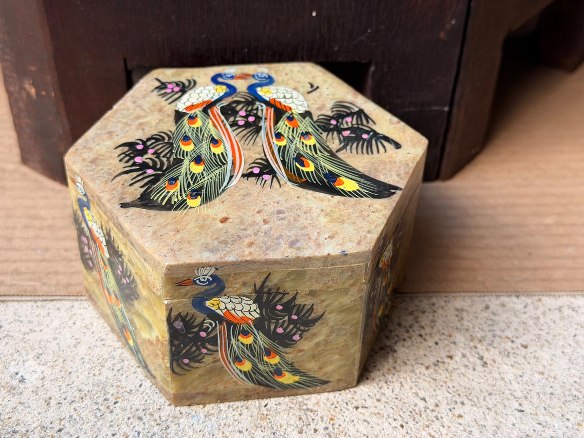 Vintage Soapstone Hexagon Trinket Box Hand Painted Peacock Keepsake Dish 4.6"