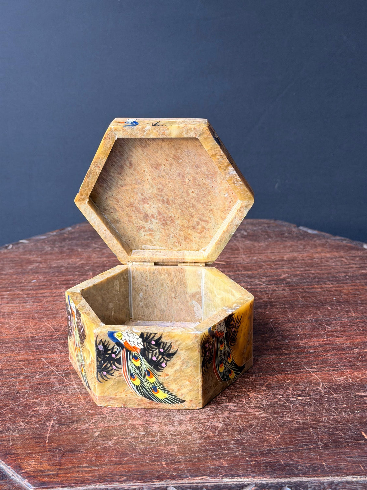 Vintage Soapstone Hexagon Trinket Box Hand Painted Peacock Keepsake Dish 4.6"