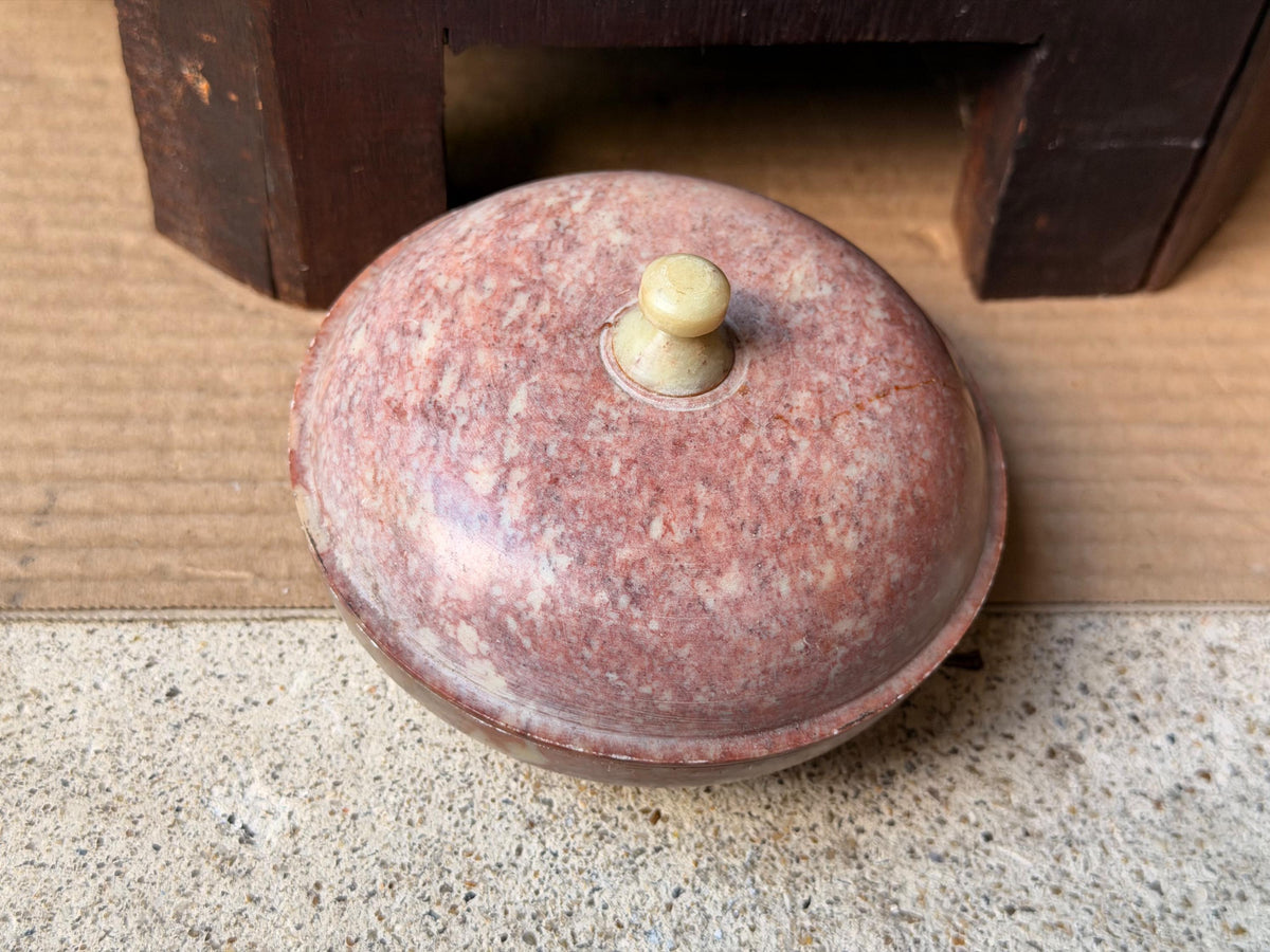 Vintage Hand Carved Pink Soapstone Lidded Box Round Stone Trinket Bowl Dish 4.2"
