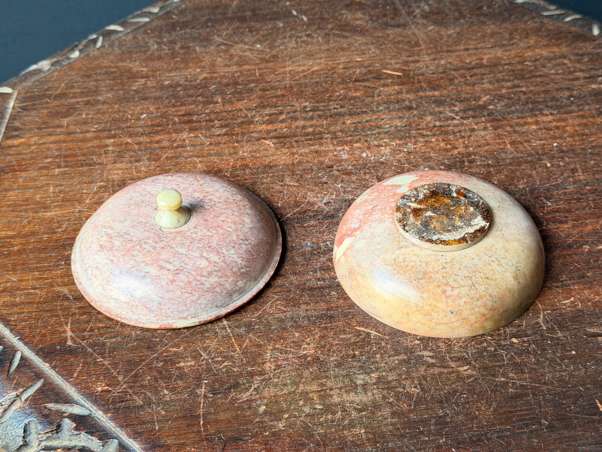 Vintage Hand Carved Pink Soapstone Lidded Box Round Stone Trinket Bowl Dish 4.2"
