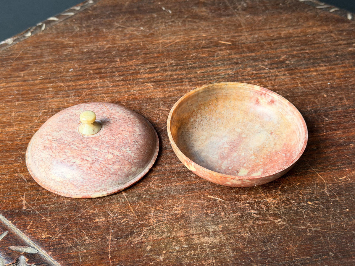 Vintage Hand Carved Pink Soapstone Lidded Box Round Stone Trinket Bowl Dish 4.2"