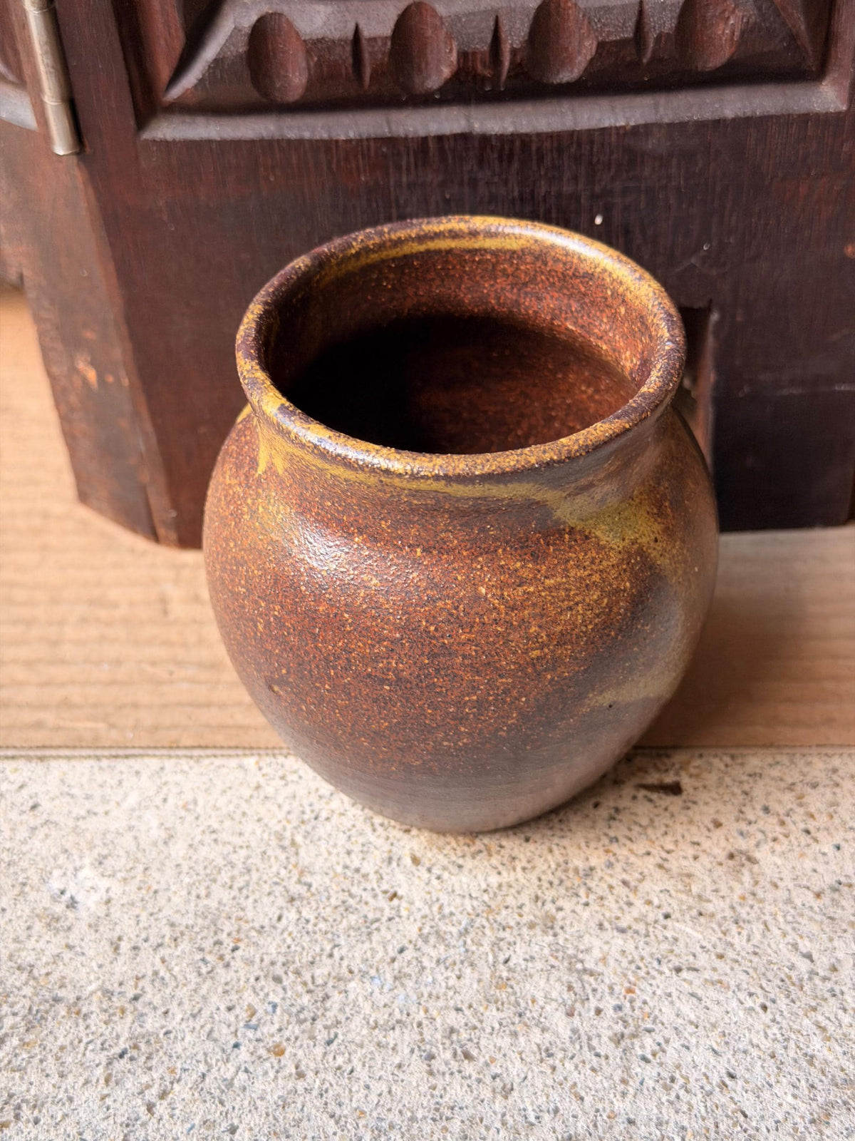 Vintage Studio Pottery Stoneware Vase Hand Thrown Ochre Drip Glaze Signed DC