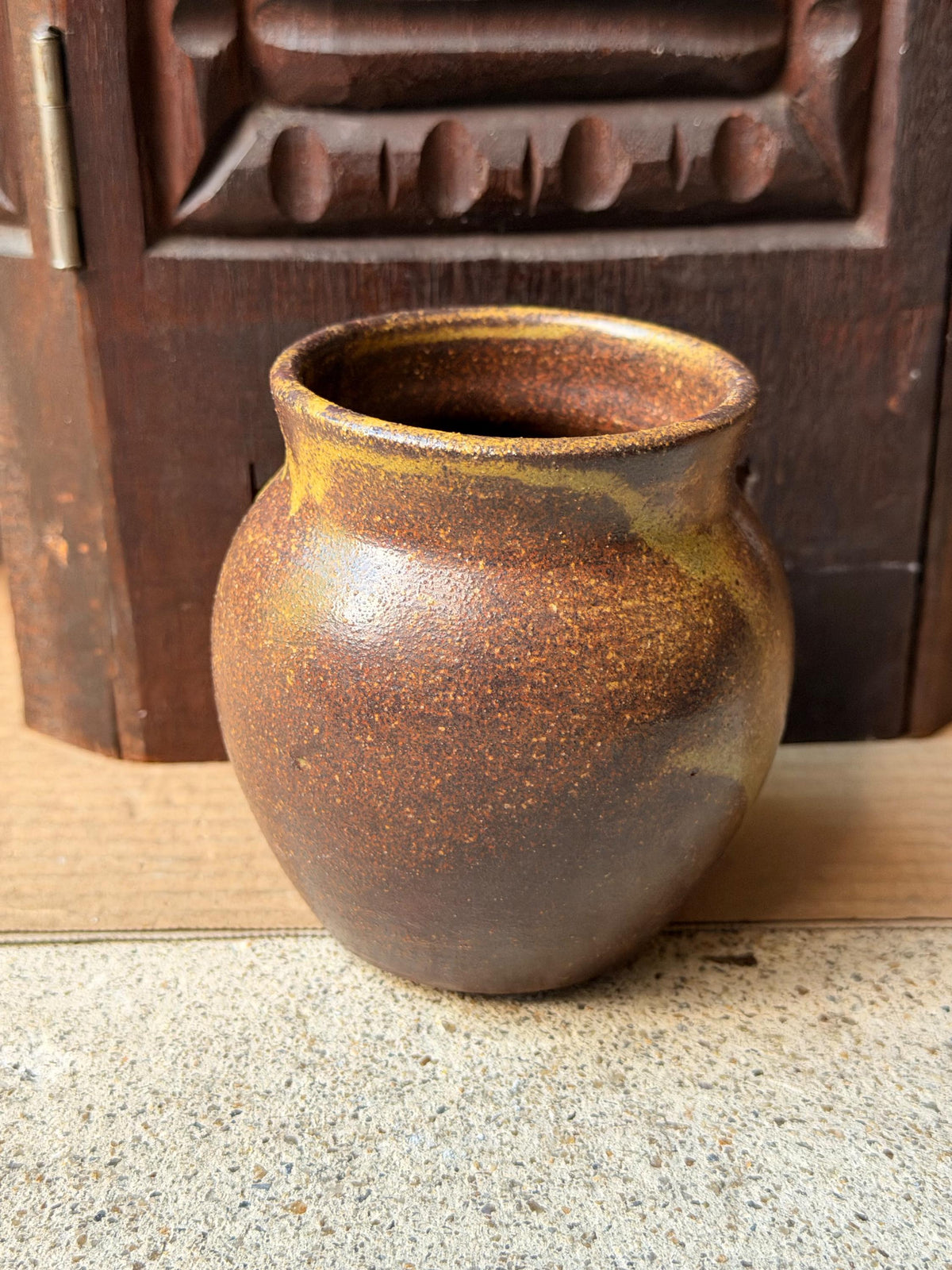 Vintage Studio Pottery Stoneware Vase Hand Thrown Ochre Drip Glaze Signed DC