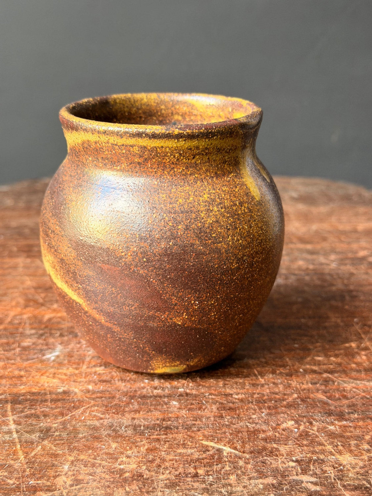Vintage Studio Pottery Stoneware Vase Hand Thrown Ochre Drip Glaze Signed DC
