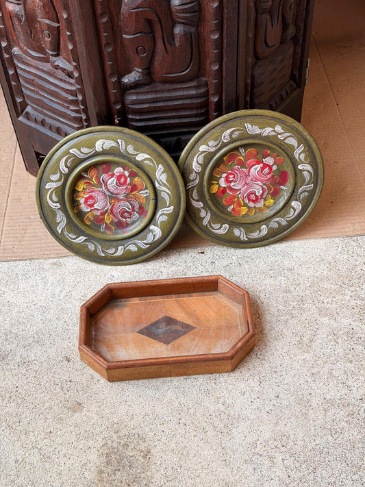 Vintage Polish Folk Art Wood Plates Tray Set Hand Painted Floral Marquetry 7"