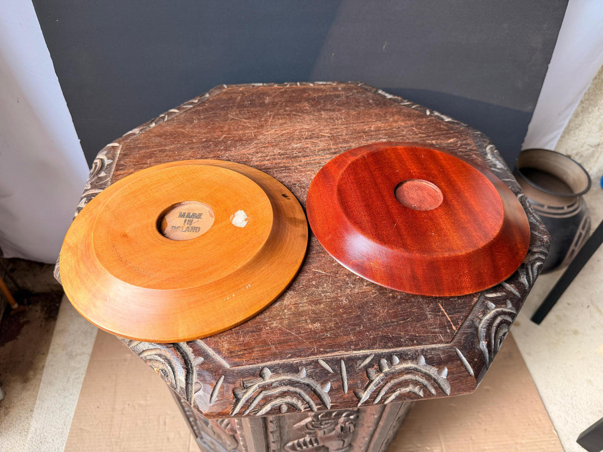 VTG Polish Hand Carved Wood Wall Plates Set Pyrography Brass Inlay 8.8"