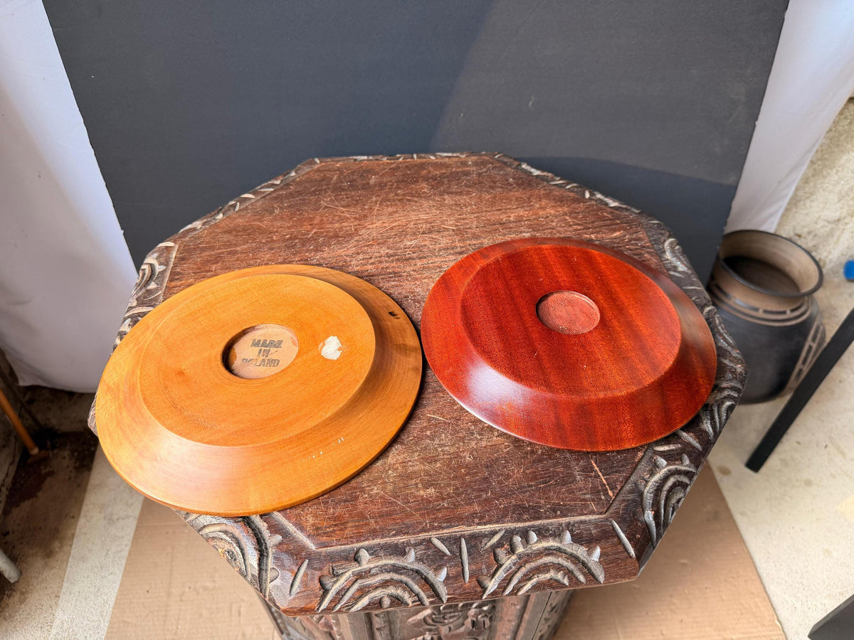 VTG Polish Hand Carved Wood Wall Plates Set Pyrography Brass Inlay 8.8"