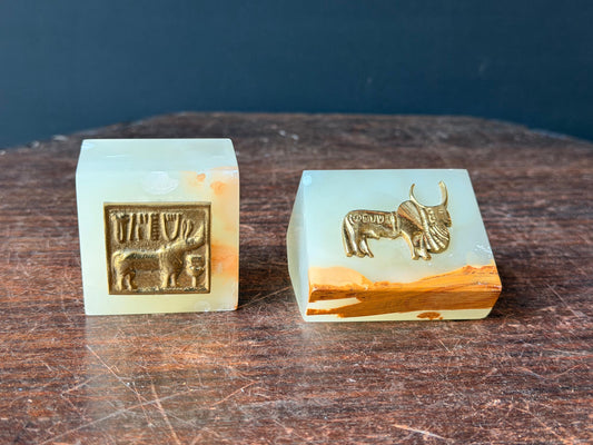 Vintage Green Onyx Paperweights Harappan Indus Valley Bull Brass Inlay Pair