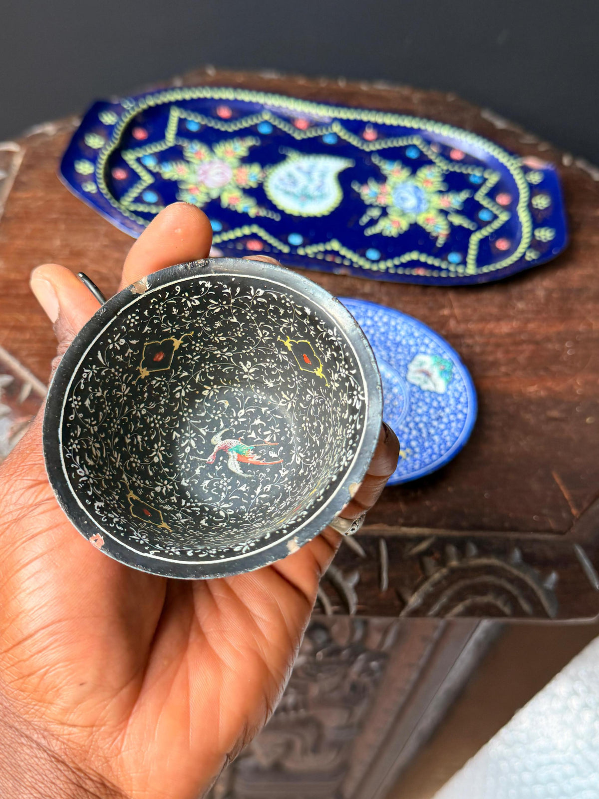 Vintage Near Eastern Enamel Copper Tea Set Hand Painted Tray Saucer Cup 12.5"