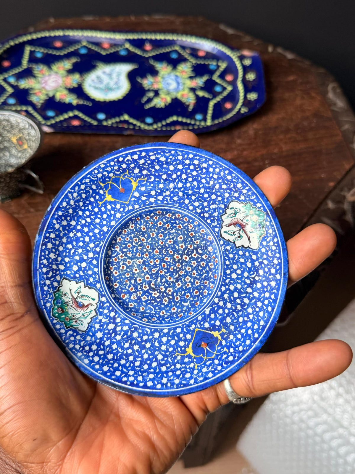 Vintage Near Eastern Enamel Copper Tea Set Hand Painted Tray Saucer Cup 12.5"