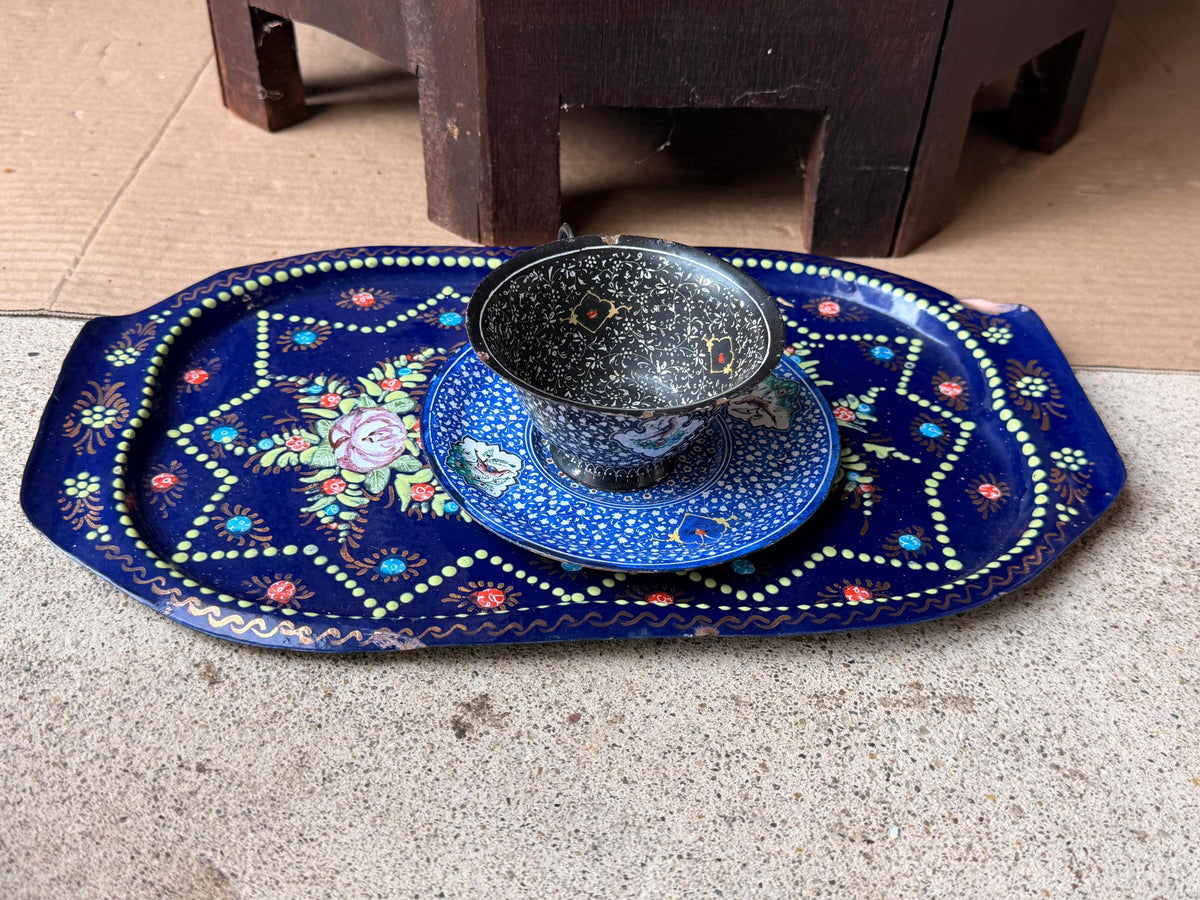 Vintage Near Eastern Enamel Copper Tea Set Hand Painted Tray Saucer Cup 12.5"