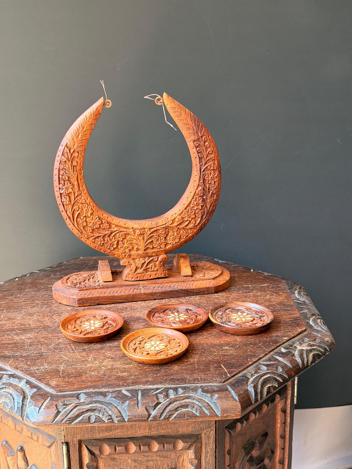 Vintage Hand Carved Wood Coaster Set Crescent Moon Stand Indian Floral Folk