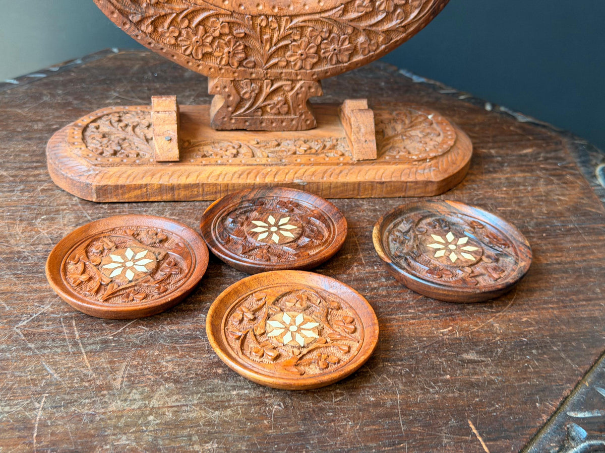 Vintage Hand Carved Wood Coaster Set Crescent Moon Stand Indian Floral Folk